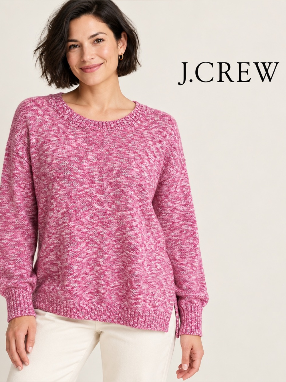 🌸J. Crew Pink Marled Crewneck Sweater size M relaxed fit lightweight cozy preppy
